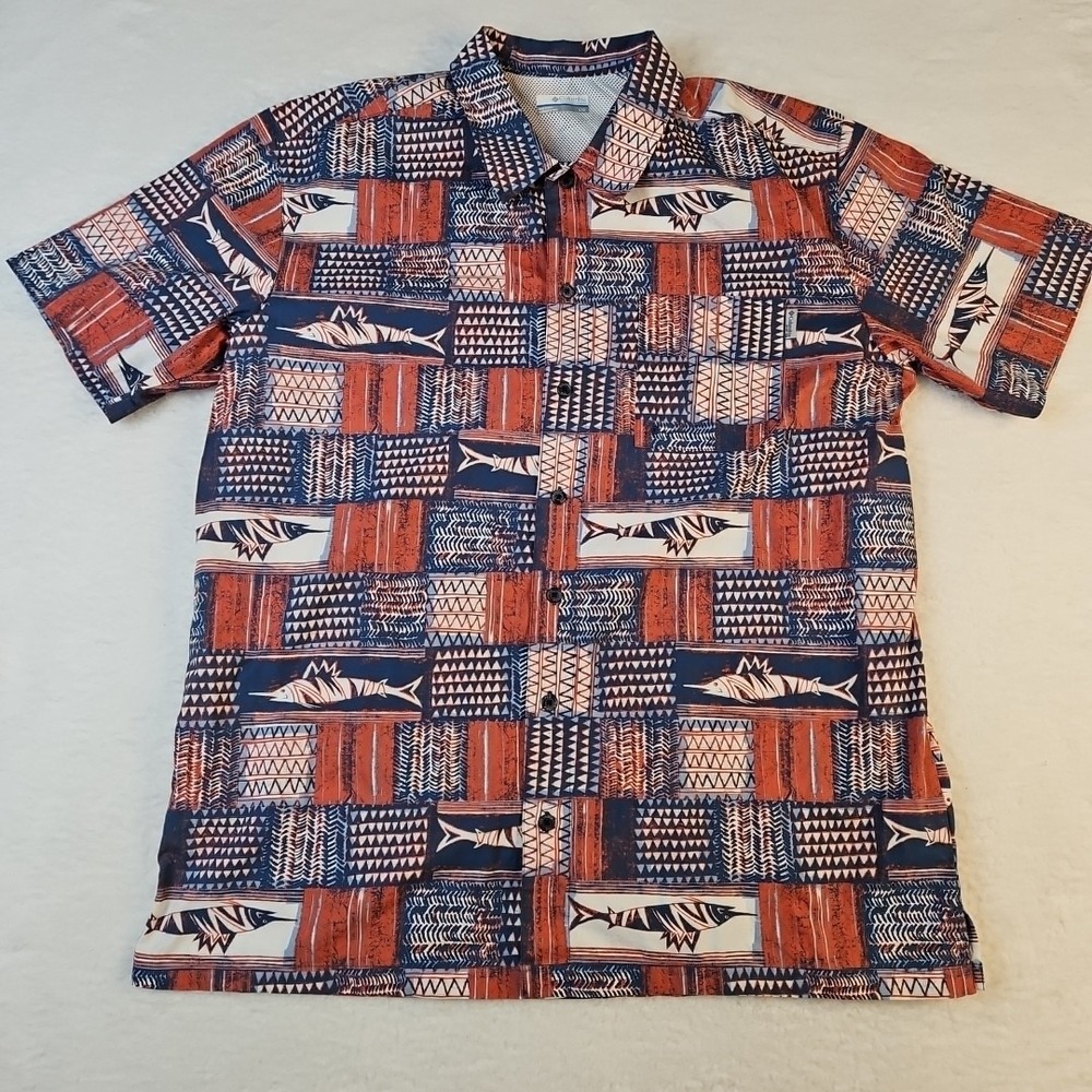 Columbia Men's‎ PFG Vented Short Sleeve Blue Billfish Print Fishing Shirt Large